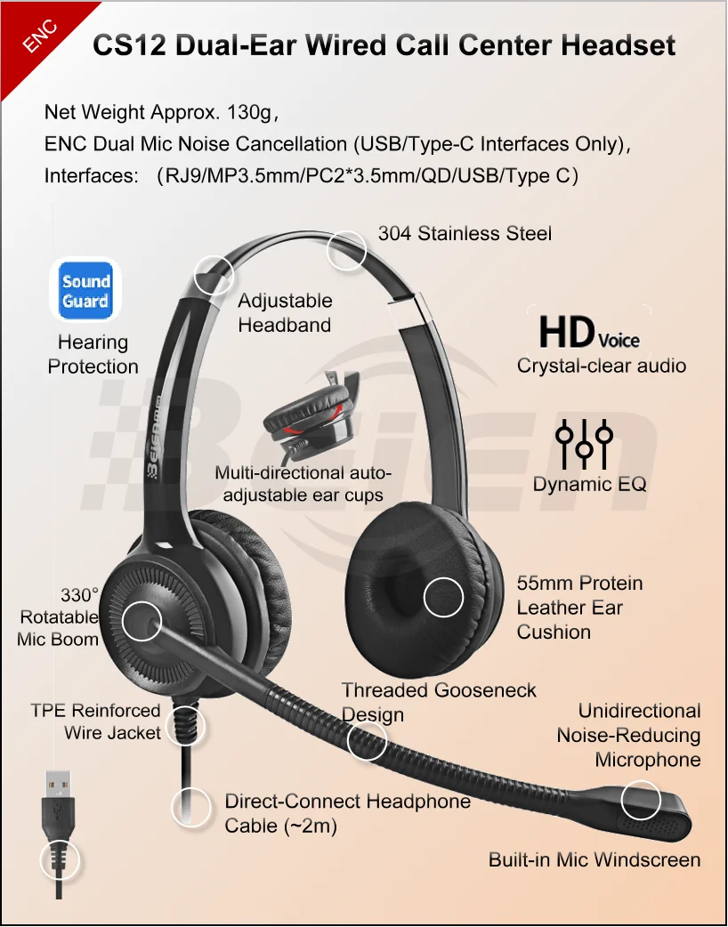 Beien CS12 on Ear Computer Headphone USB Wired Headset Call Center Earphone With Noise Cancelling Mic for Online Course