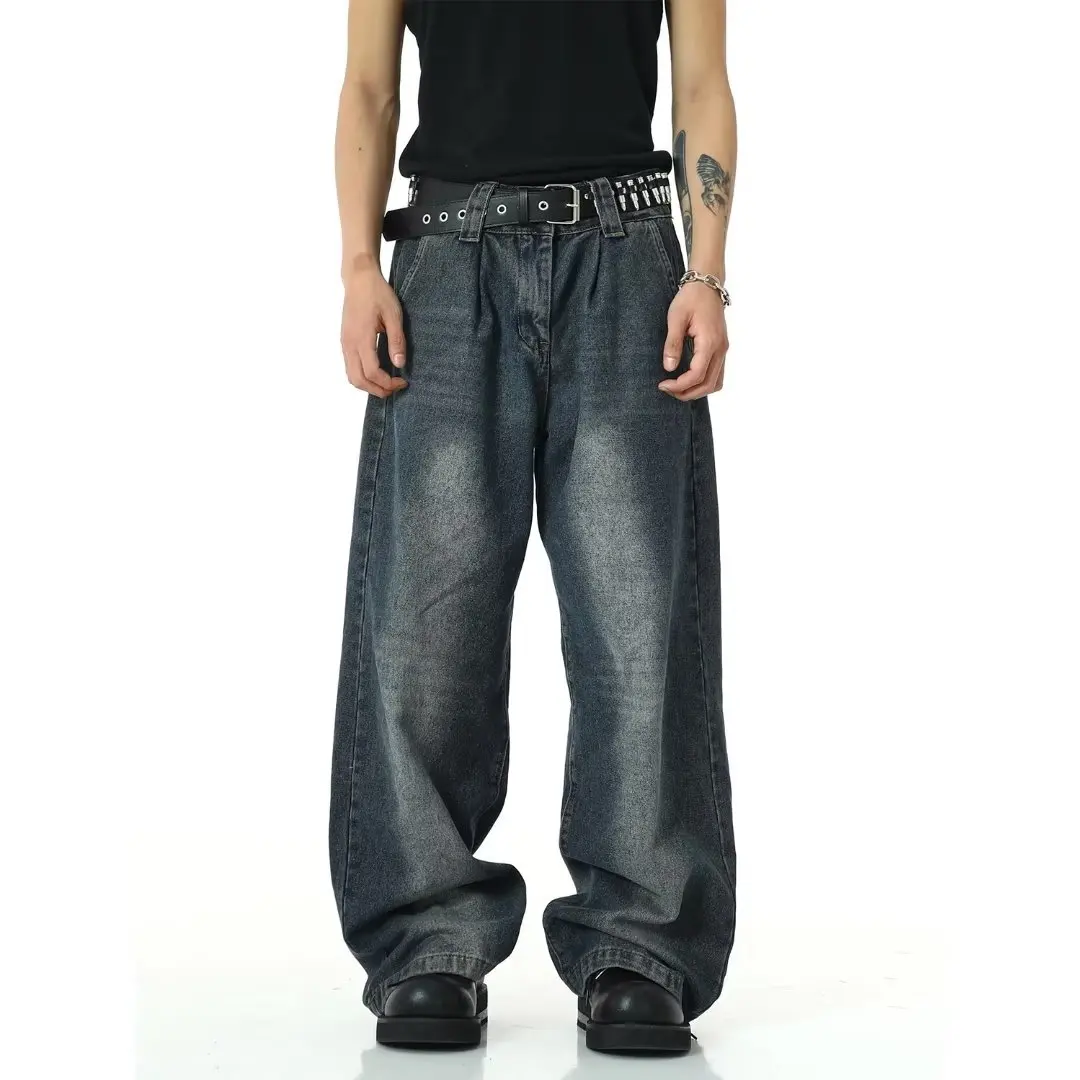 Herren Loose Fashion Baggy Stack Jean Washed Jeans mit weiter Länge Vintage Stonewashed Denim Hose mit weitem Bein_voghion.com