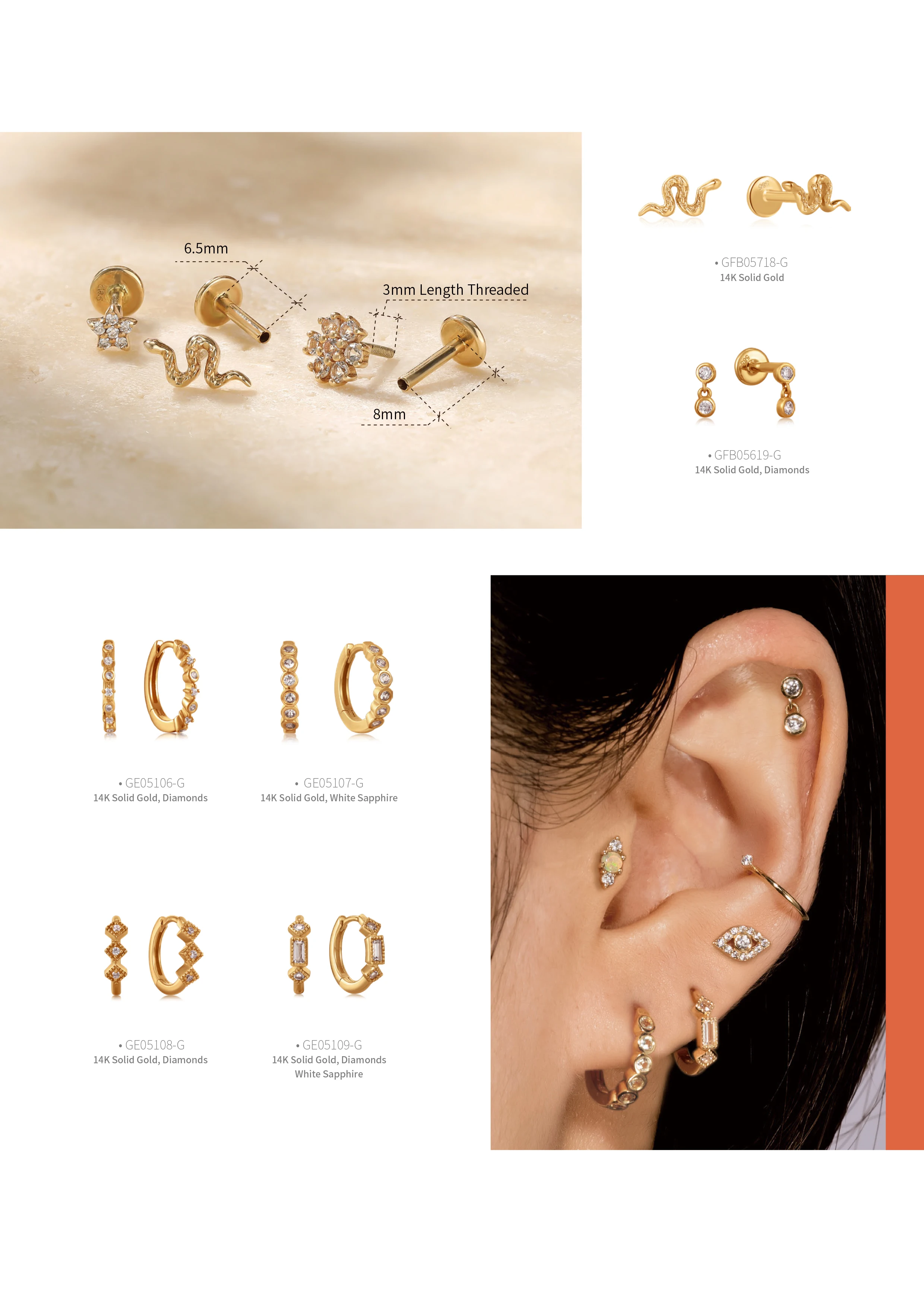 Audrey Astm Nose Ring Ear Piercing Stud Clicker Hypoallergenic 14k Gold