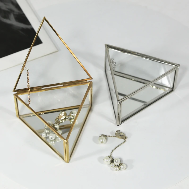 HOT Cheap Geometric Decorative Makeup Organizer Metal Brass Mini Glass Hexagon Jewelry Trinket Box for Gift