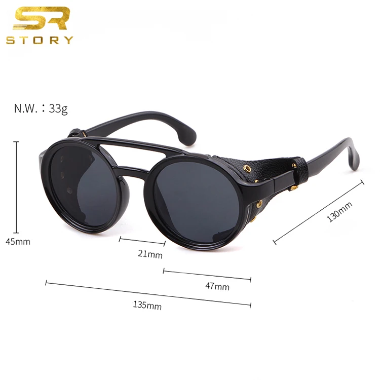 STORY STY1915G PU Leather Designer Round Frame Eyeglasses Men Women UV400 Vintage Sunglasses Retro Steampunk Sun Glasses