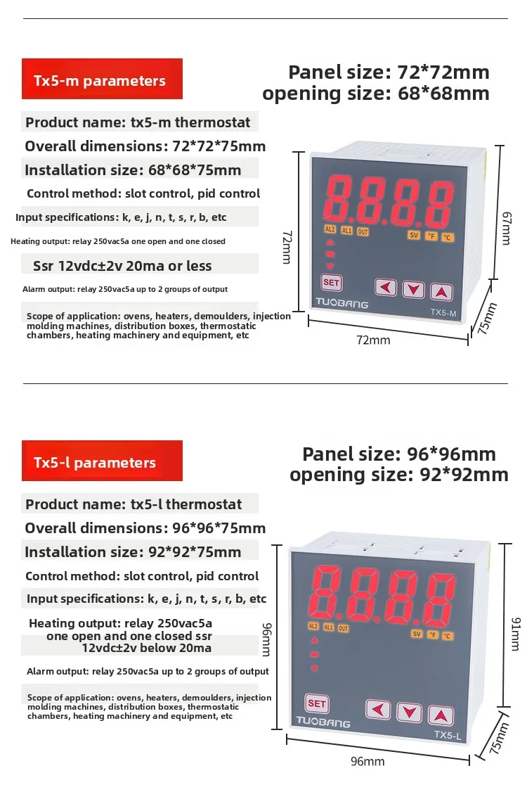 TX5-S/M/H/L/W Single-Row LED Display Smart PID Thermostat K/E/PT100 Type Industrial Temperature Controller for Packaging Machine