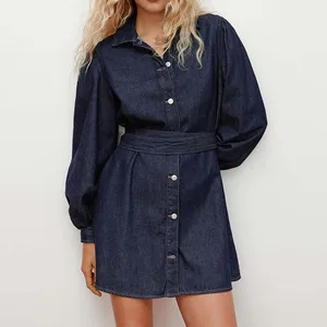 Custom Vintage Stylish Dark Denim Blue Long Sleeve With Belt Mini Denim Dress Casual Women's Dress