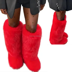 BUSY GIRL HS9283 Slip-Resistant Winter Boots for Women Custom logo Labels for Women Boots Red Knee-High Faux Fox Fur Boots 2026