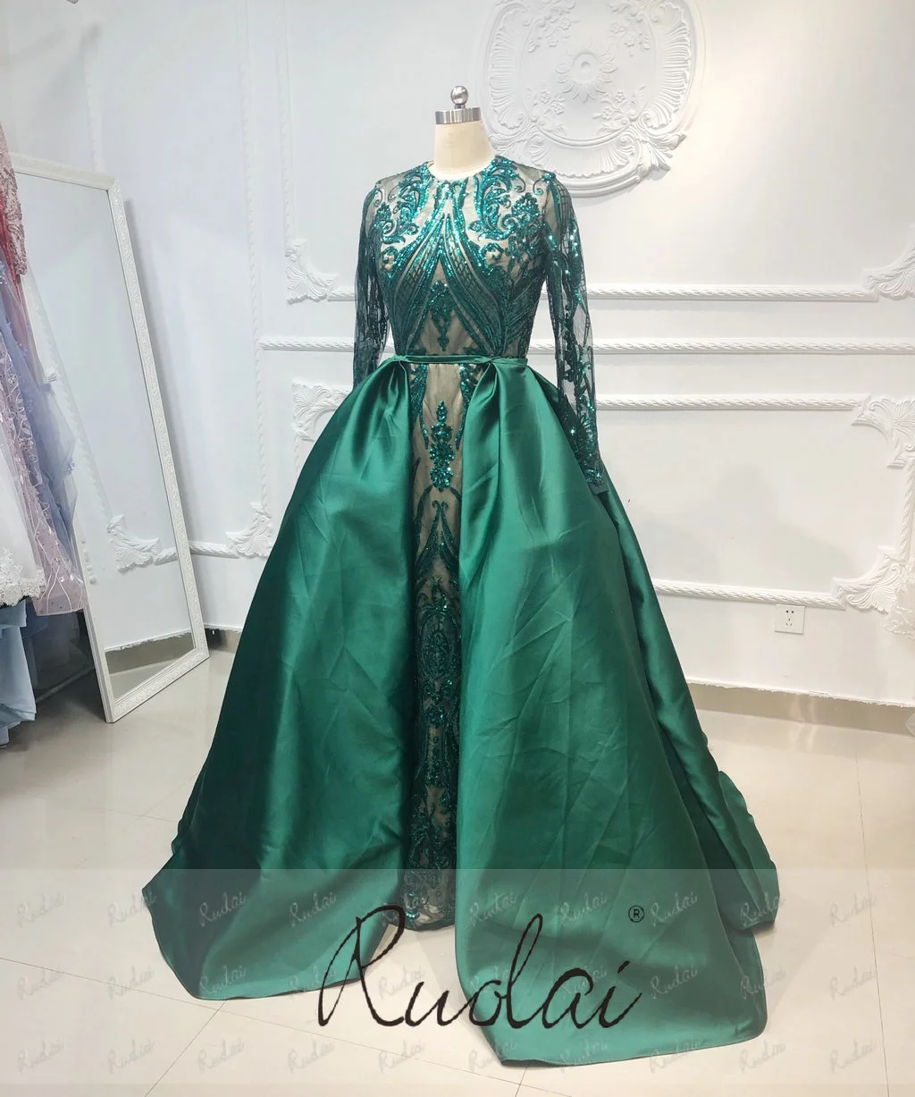 OEV-L4273 Real Sample Modest Arabic Long Sleeve Sparkling Detachable Skirt  Luxury Muslim Evening Dresses
