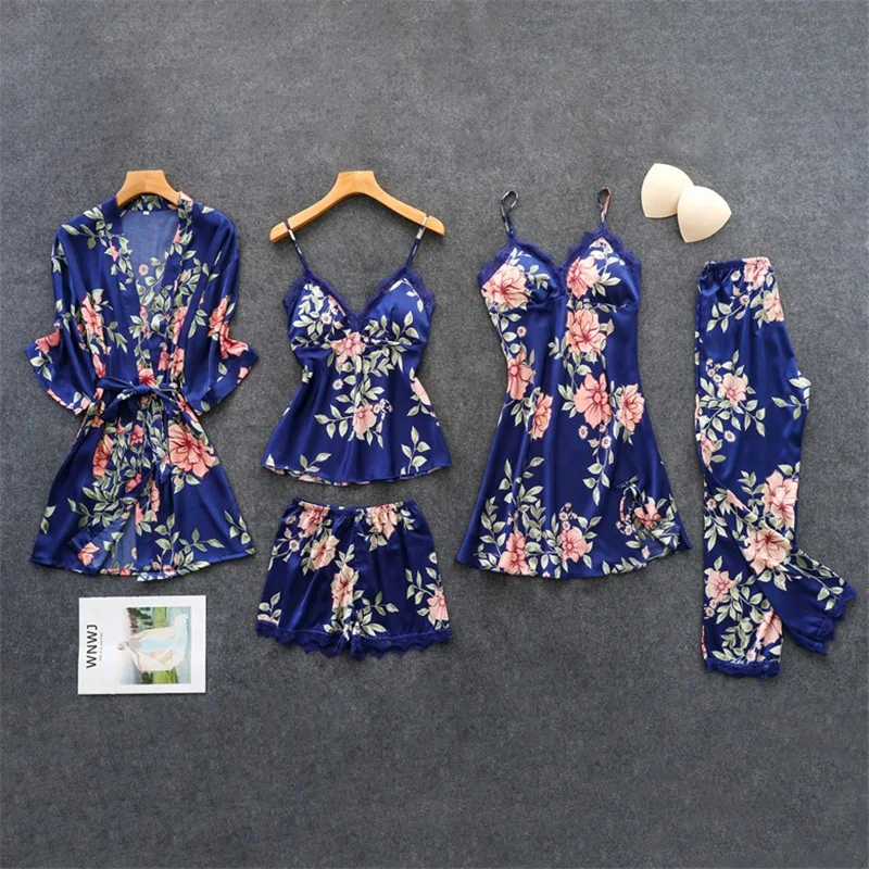 Factory Supply Custom Floral Pajamas Set Five Pieces Satin Homewear for Women