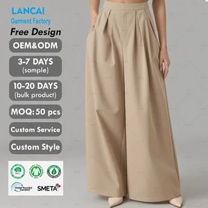 Customized Women's High Waisted Pleated Wide Leg Pants Office Casual Cotton Trousers Flowy Business Work Pants Daily Wear