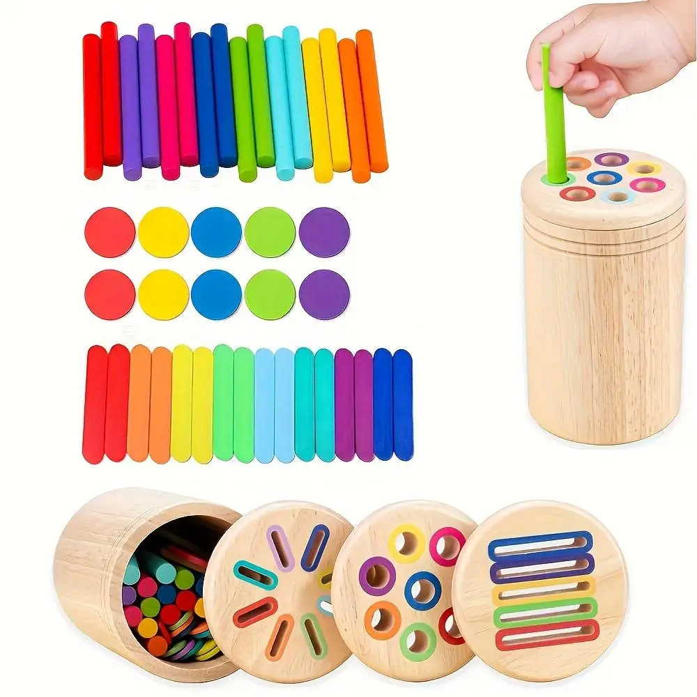 Baby Montessori Toys 3 in 1 Color Classification Cup Toddler Toys Activities Fine Motor Skills Sensory Wooden Toy for Children