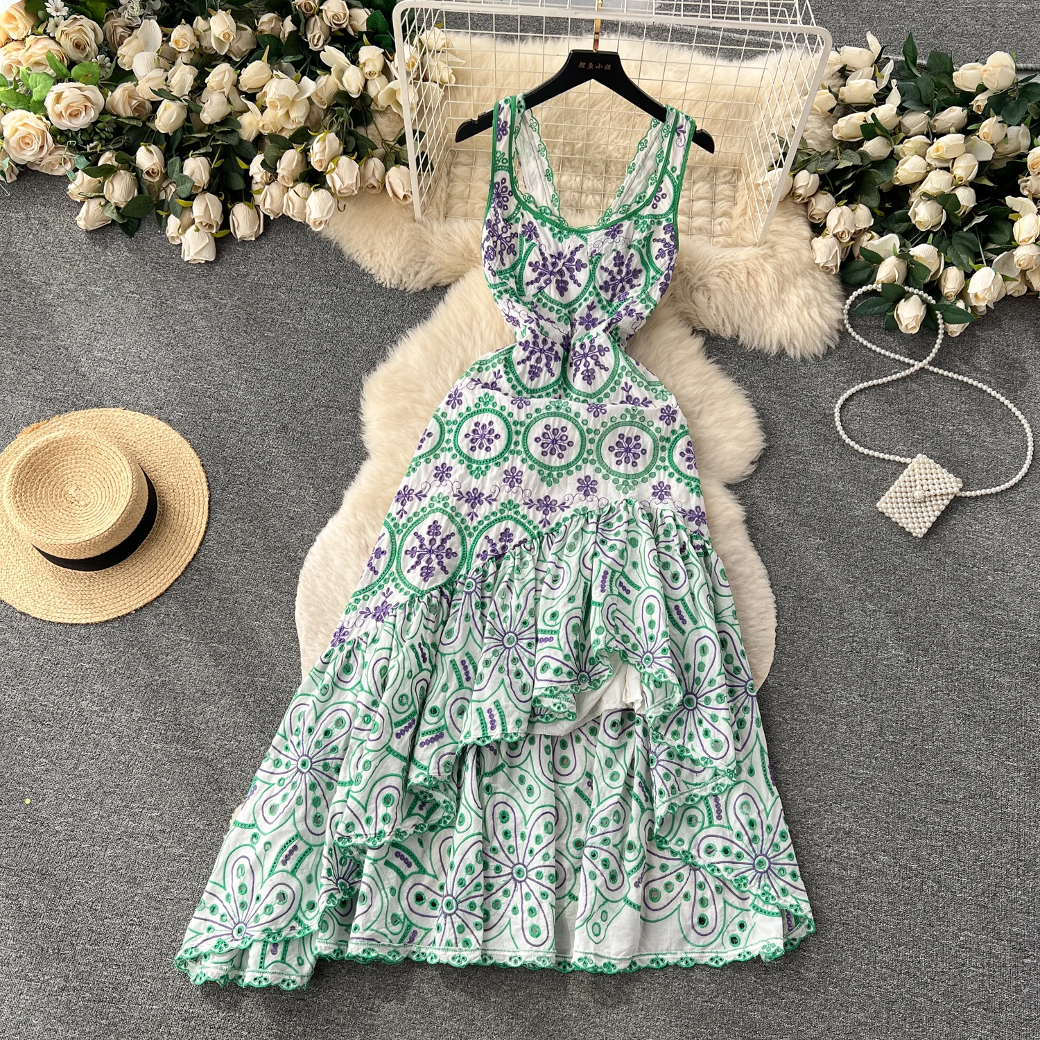LE2154 Australia Tide Embroidery Ladies Long Dress Vintage Floral Halter Dress Women Summer Ruffle Irregular Niche Fairy Dresses LE2154 Australia Tide Embroidery Ladies Long Dress Vintage Floral Halter Dress Women Summer Ruffle Irregular Niche Fairy Dresses