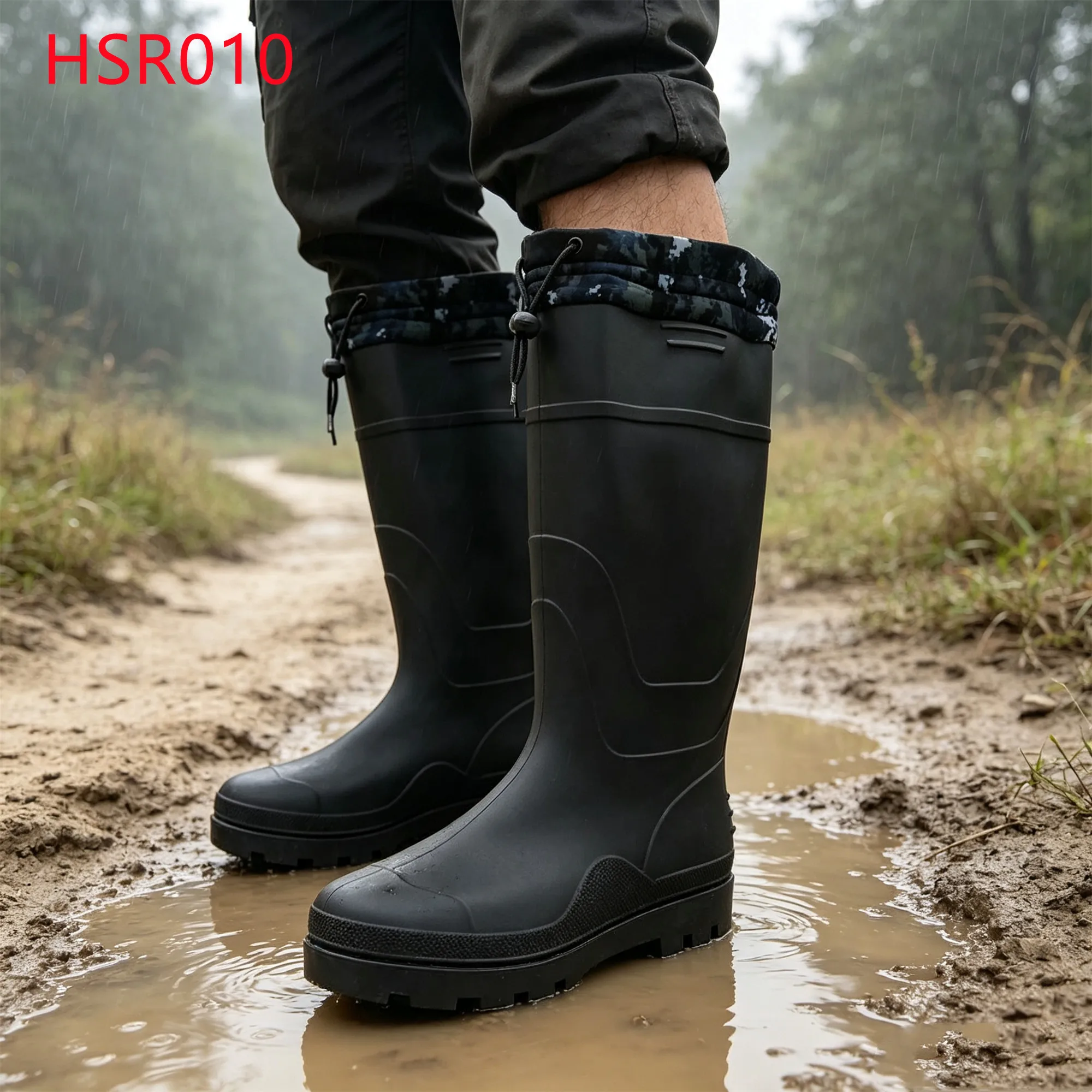 LXG,Georgia Popular Glossy/matte Hua Singh PVC Rain Boots Camouflage Fabric Cuff Design Rubber Boots with Drawstring HSR010