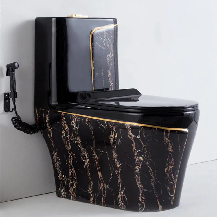 Luxury Design Glossy Glaze Toilet Ceramic Black and Gold Wc One Pc Toilet