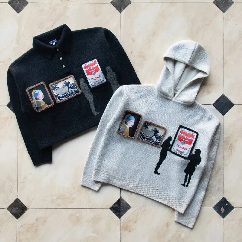 Custom Men's Polo Sweater Heavy Weight Knit Jacquard Applique Embroidery Oversized Cropped Soft Winter Art Streetwear Style