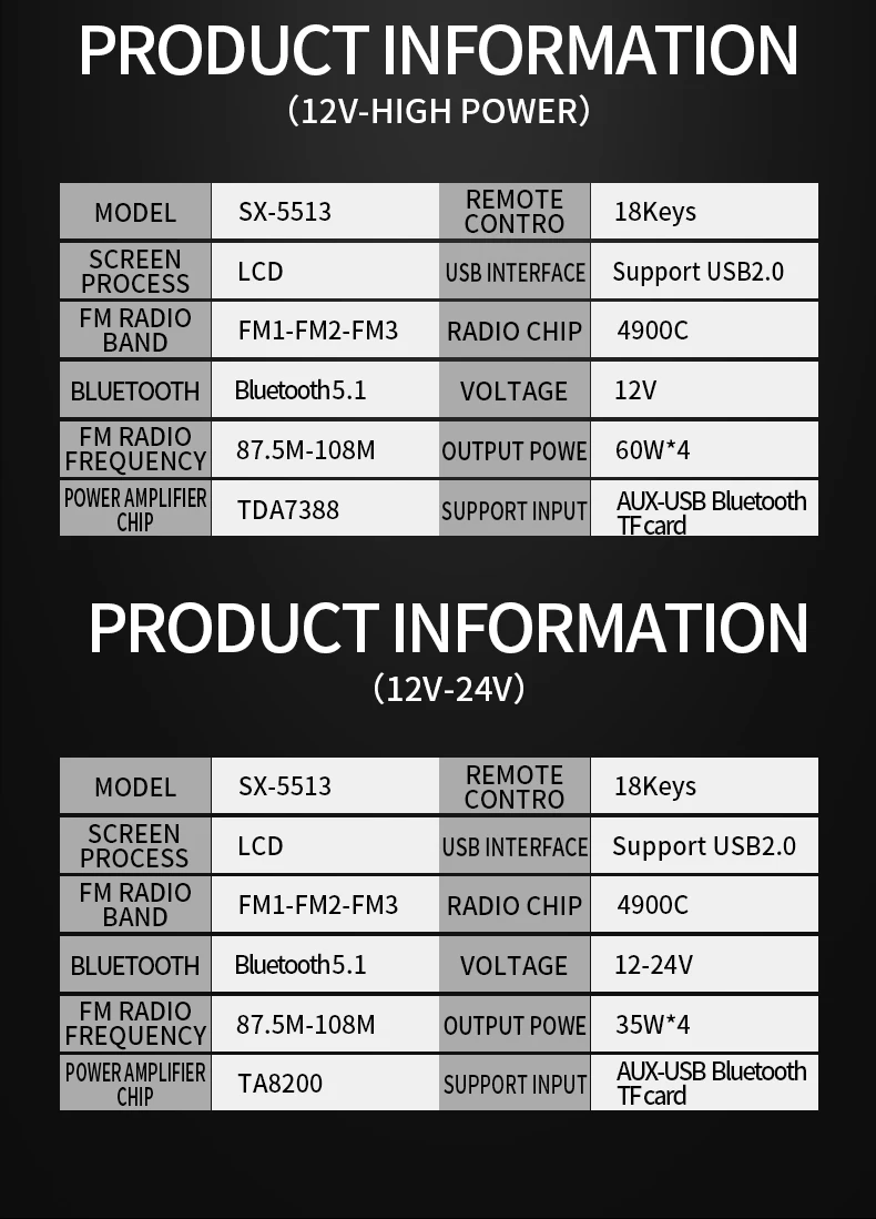 Sx5513 Bluetooth Car Radio Mp3 Player Vintage Dual Knob Fm Tuner