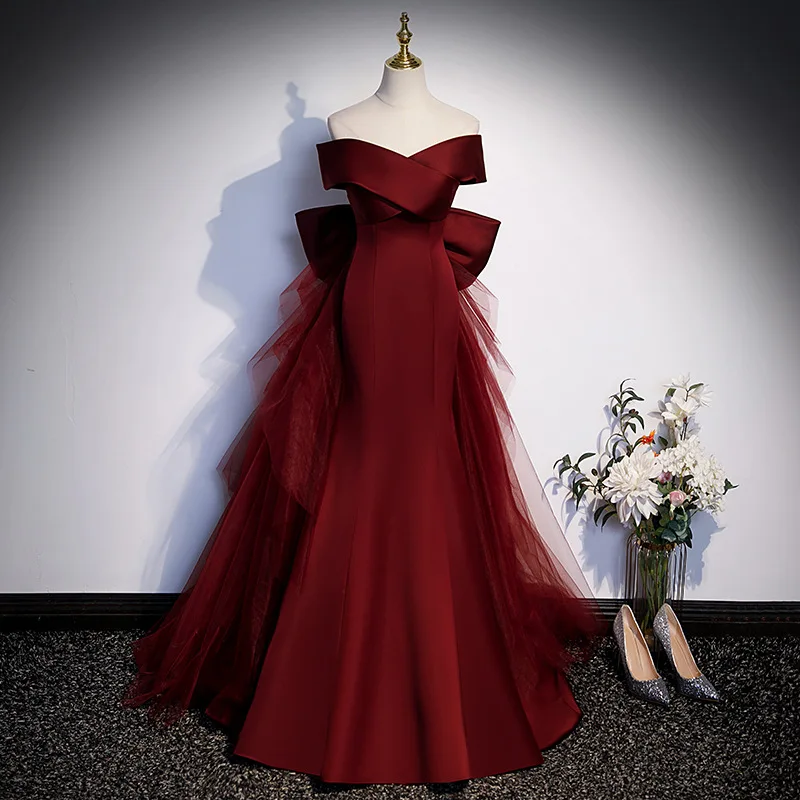 S0056A Burgundy Fishtail Engagement Wedding Luxury Accessible for Bride  Socialite Decorated Lace Evening Party Dress