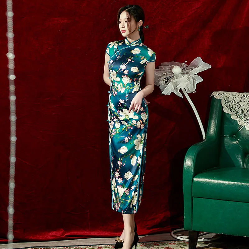 green chinese traditional dress Silk Maxi Shirt Dress Niue Night Sky / S main image 1