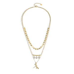 French Ins Style Dragonfly Pendant Necklace 18K Gold Plated Stainless Steel Women Layered Chain Minimalist Jewelry Gift