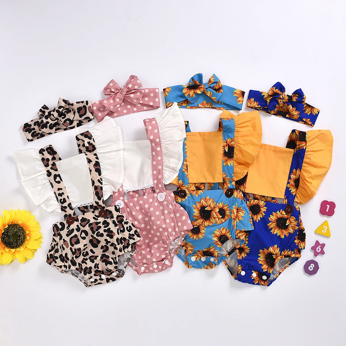 Newborn Baby Girl Summer Clothes 2Pcs Rompers Fly Sleeve Backless Sunflower  Romper Baby Girl Cotton Leopard Jumpsuit Outfits