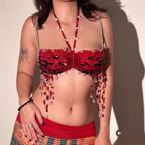Dropshipping Wholesale Luxury Clothing Party Club Red Bra Candy Color Beaded Top Bralette Vest