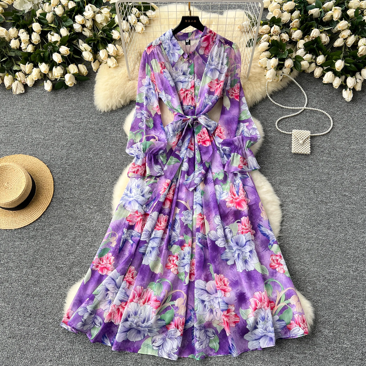 LE2409 National Style Floral Print Long Dress Female Elegant