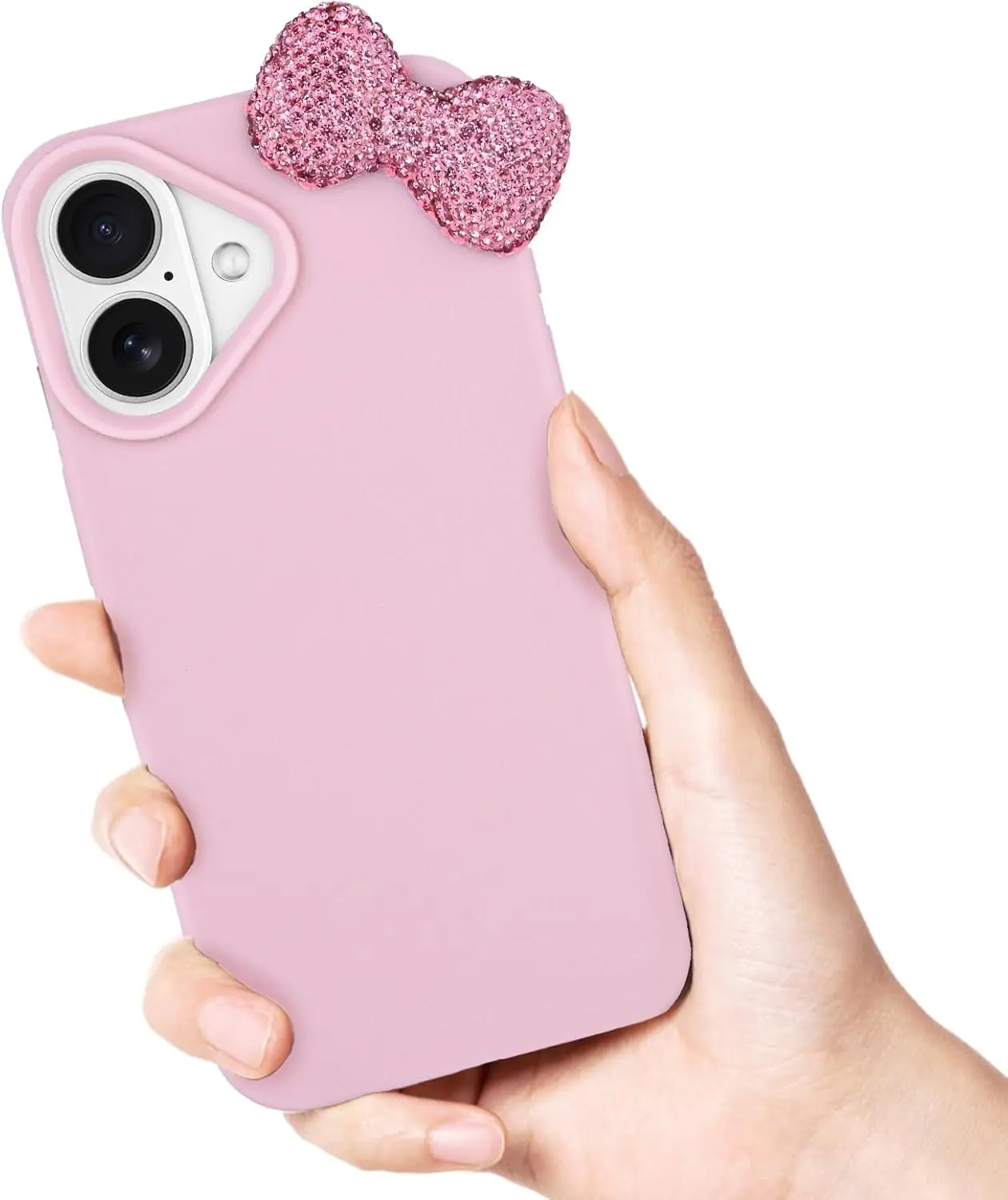 Fundas para iPhone 16 Plus Pro Max de silicona líquida de lujo con purpurina y rhinestone, funda de teléfono con lazo, funda protectora de patrón de lichi suave  