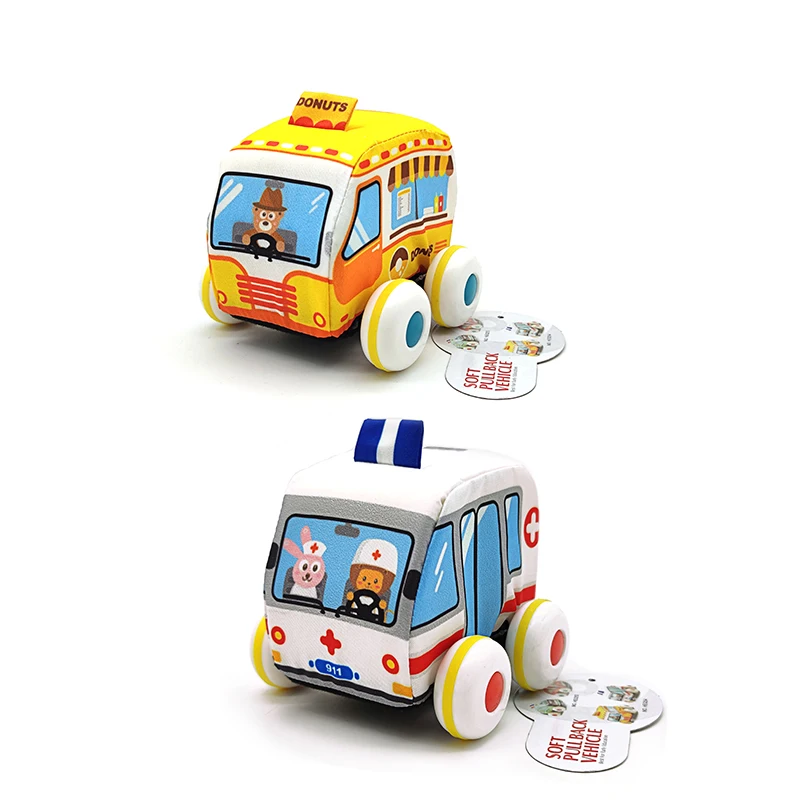 Huanger OEM 6 pcs Soft Cloth Pull Back Car Plush Toy Ambulance Bus Vehicle Set Baby Soft Toy Car