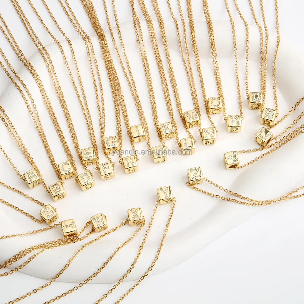 18k Gold Plated Cz Dice Choker Square Az 26 Letter Charm Stainless