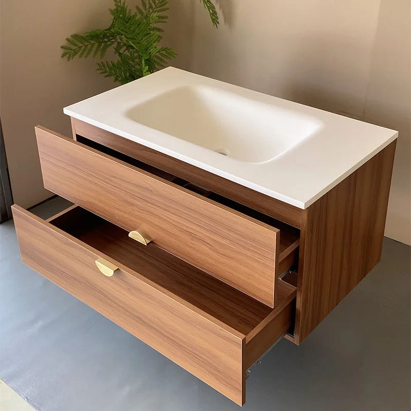 product wall mounted bathroom cabinet combination rock slab ceramic integrated basin bathroom shallow walnut washbasin-8