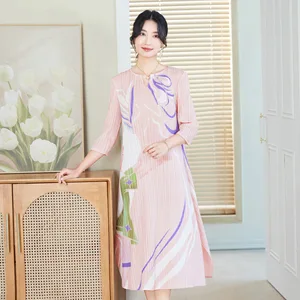 Women's Elegant Pink Long Dress 2026 Spring New Fashion Casual Floral Printed Pleated Loose Midi Length Slip Natural Chiffon