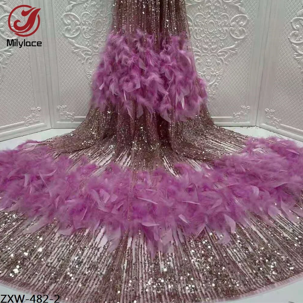 Unique Women Fashion Dress Material Embroidery Mesh 3D Soft Feather Glitter Lace Fabric