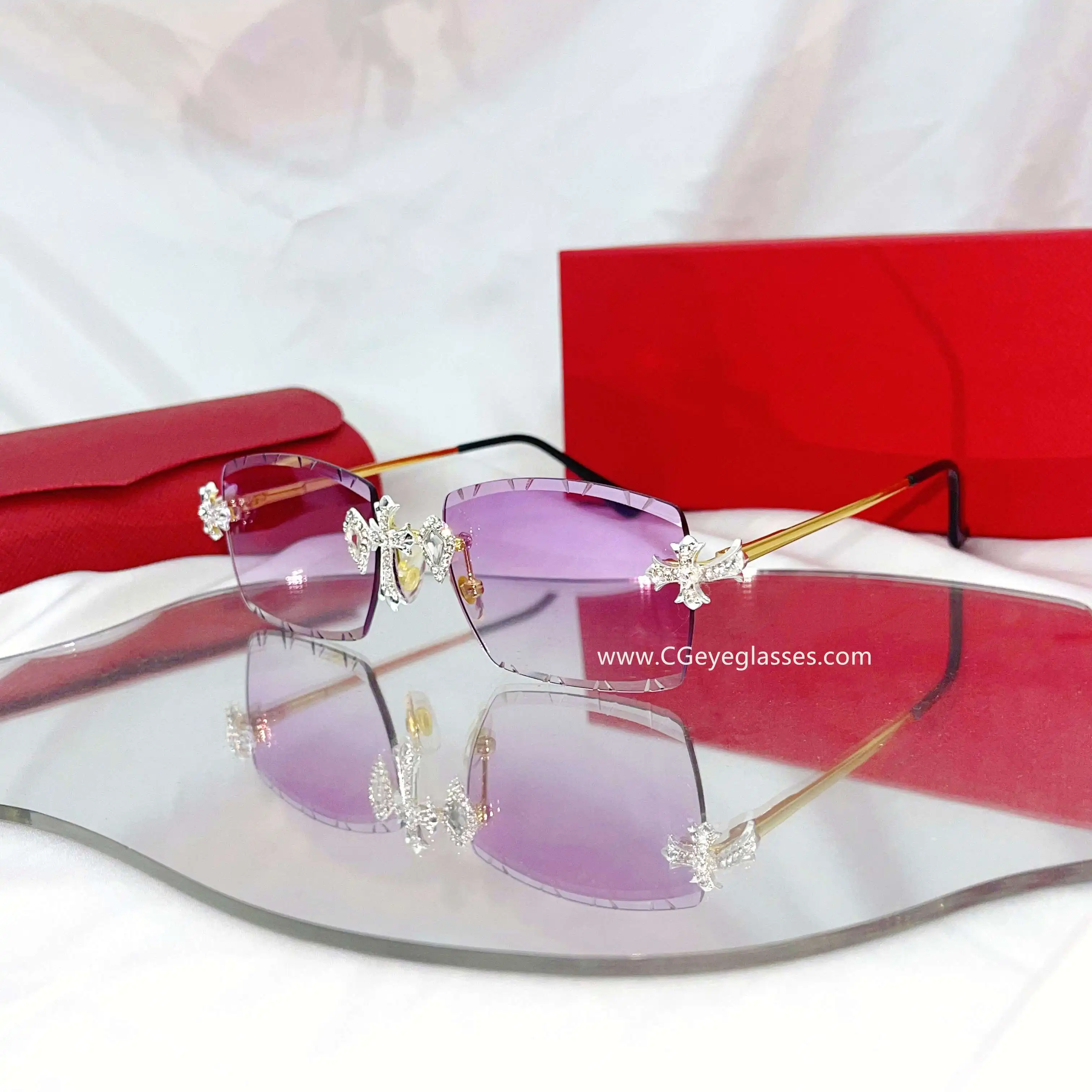 2023 Fashion Brand Design Vintage Rimless Rhinestone Sunglasses Women Men Retro Cutting Lens 5521