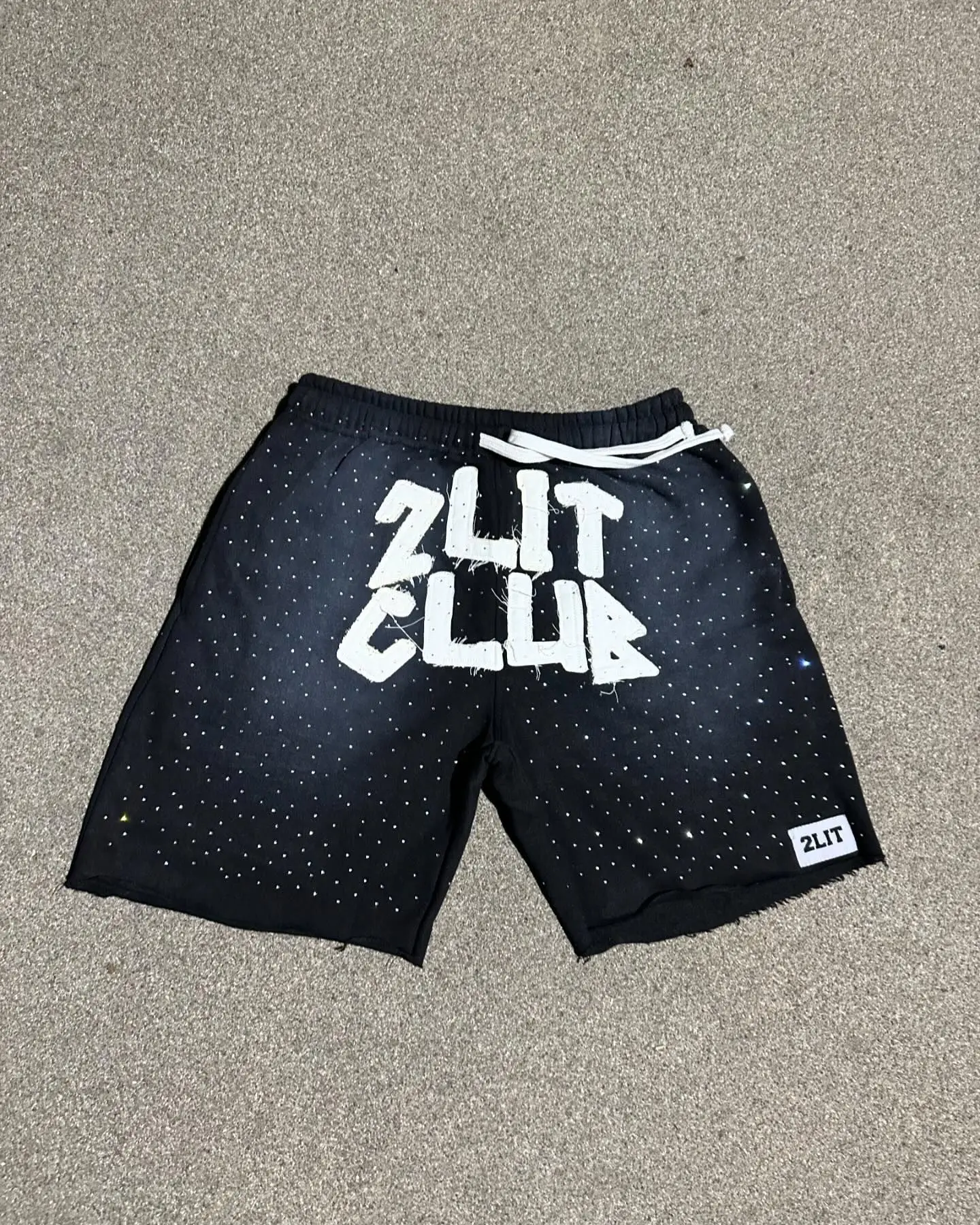 Unisex Summer Sweat Short Raw Hem Cotton Full Rhinestone Patch Embroidery Distressed Sun Faded Acid Wash Streetwear Shorts Men gallery 7