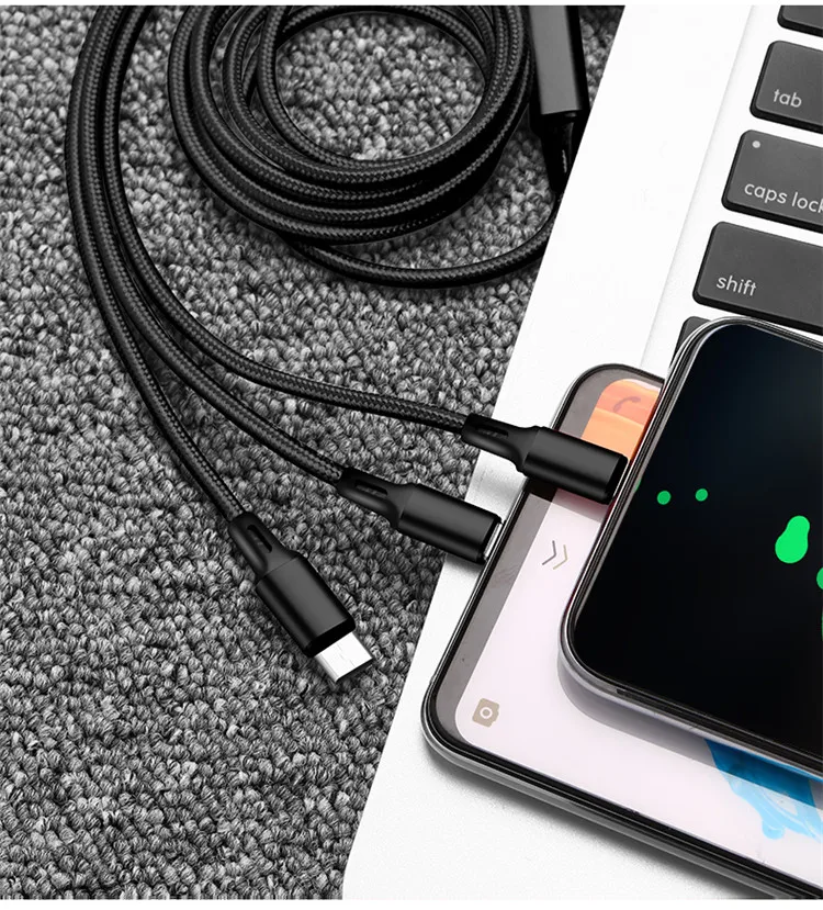 Hot sell 3 In 1 Micro USB Type C Charger Cable Multi Usb Port nylon  braid Usb Charging Cable  For Mobile Phone Cables