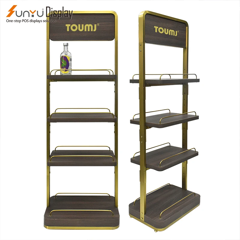 Custom Design Durable Freestanding Metal and Wood Display Shelf Rack Supermarket POP Floor Standing for Beverage Wine Food