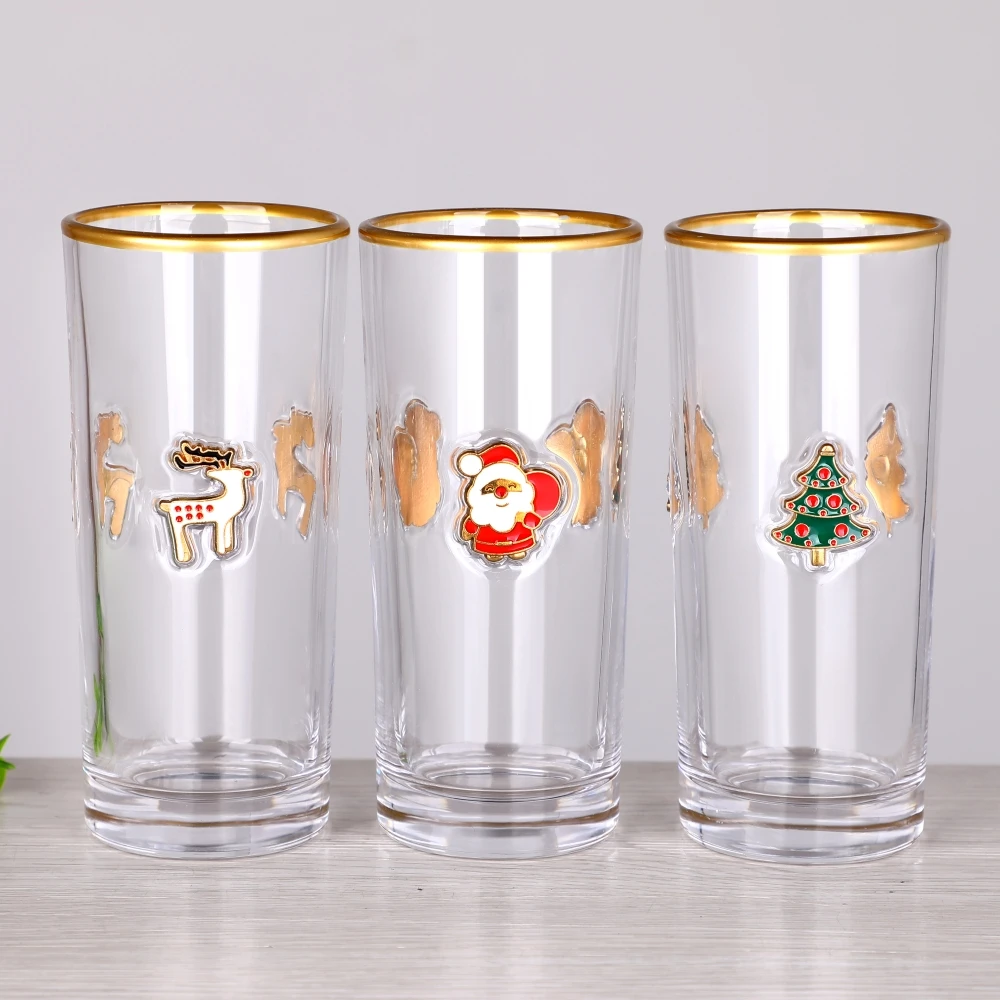 Ready to Ship Christmas Fruit Raised 3D Enamel Applique Motif Gold Rim Highball Cooler Double Old Fashioned Rocks Tumbler Glass