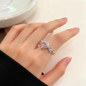 Romantic Pink Heart Zircon Ring Women Silver Plated Adjustable Open Ring with Leaf Crystal Details Trendy Fashion Jewelry Party