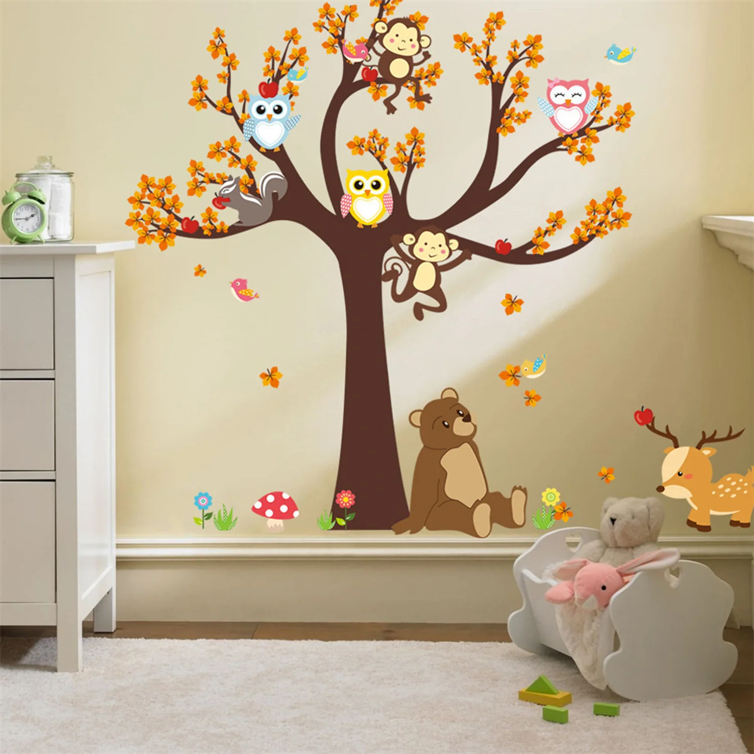 Cartoon Forest Tree Branch Animal Owl Monkey Bear Deer Wall Stickers for Kids Rooms Boys Girls Children Bedroom Home Decor