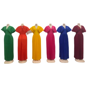 Wholesale Summer European and American Style Solid Color V-neck Bat Sleeve High Waist Women's Dress