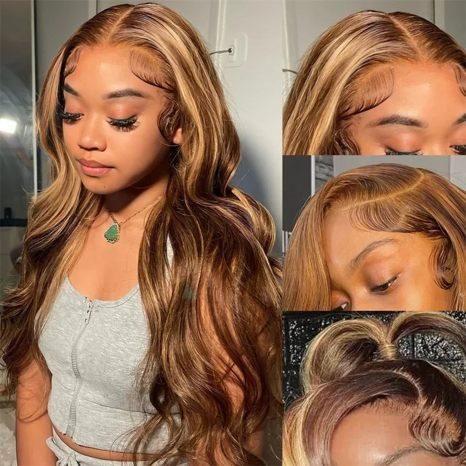 Perruques en dentelle frontale ombrées, cheveux humains, 4/27, blond miel, ondulées, HD, transparentes, pré-épilées_voghion.com
