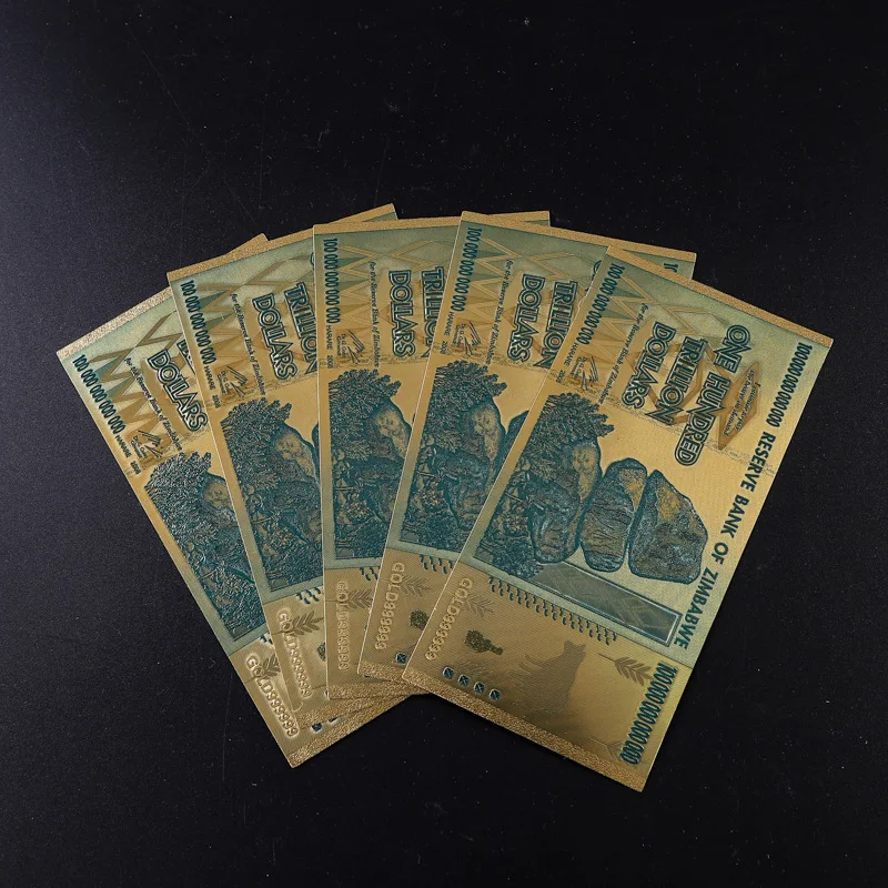 High Quality Plastic Craft Colorful Print Zimbabwe 100000000000000 Play Money 24k Gold Foil Plated Banknote