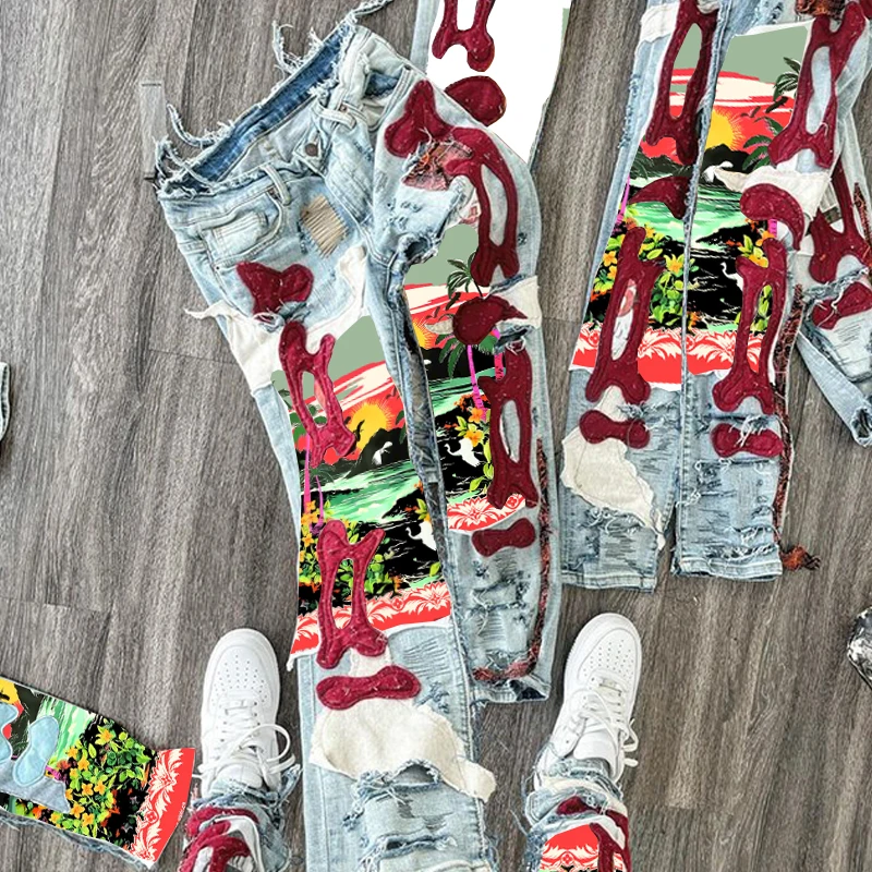 DiZNEW Custom Designer Acid Wash Glitter Stacked Jeans Pants Distressed Rip Vintage Jeans Streetwear Jeans