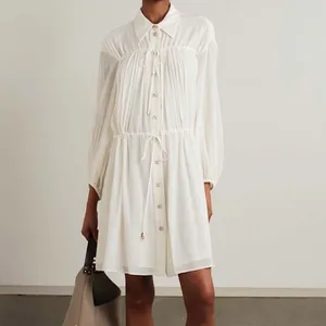 Clothing Manufacturers Custom Spring Summer Autumn Tiered Embellished Crepon Long Sleeves Mini Shirt Dress