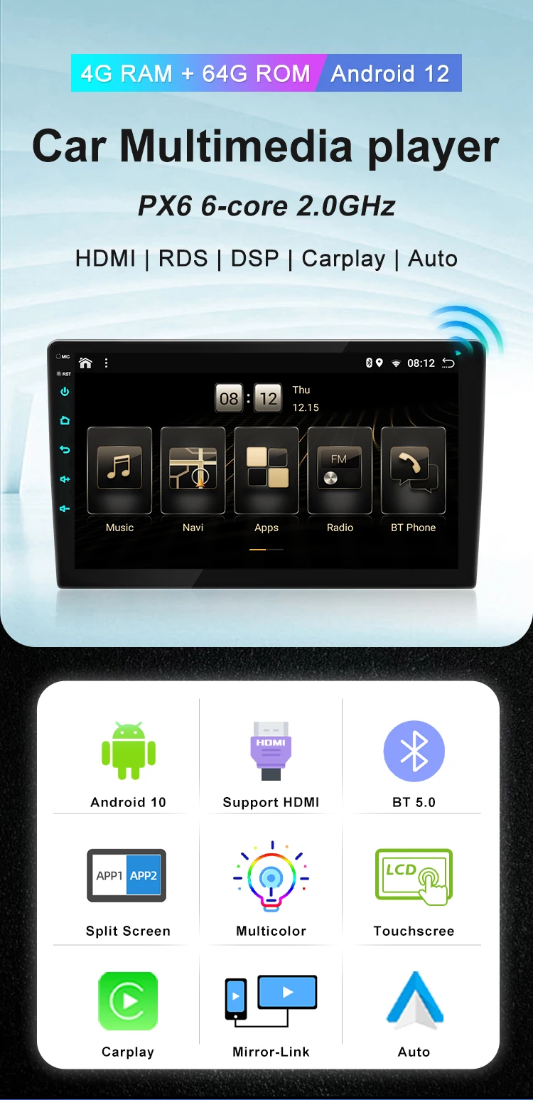 PX6 Android 12 IPS 2.5D DSP CarPlay Auto Car Navigation Player For Honda Toyota Nissan with RDS Radio BT car stereo