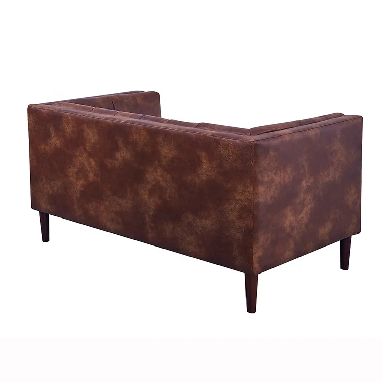 Modern Lounge Design Furniture Brown Leather Loveseat Sofa Living Room Wooden Sofa