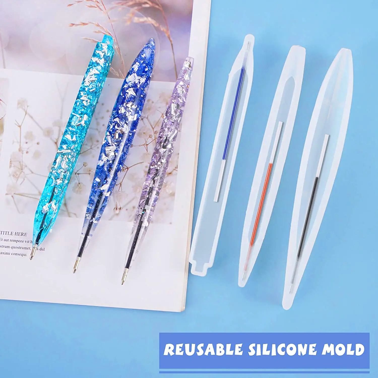 Operitacx Set 3 Stampi In Silicone Per Penna A Sfera + 50 Ricariche Nere - Kit DIY Per Resina Epossidica