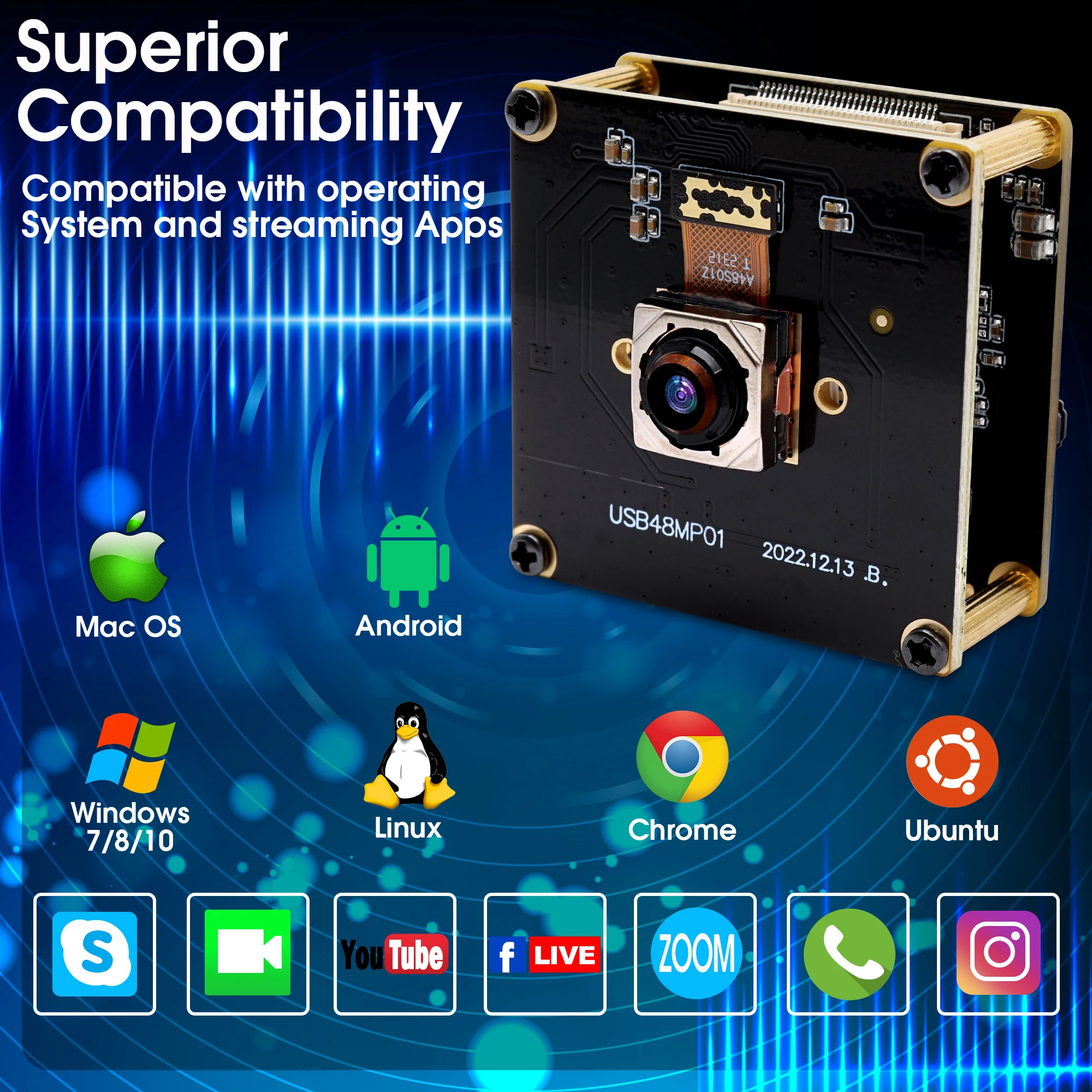 ELP 48MP 高速オートフォーカス USB カメラモジュール、70 度歪みなし 
