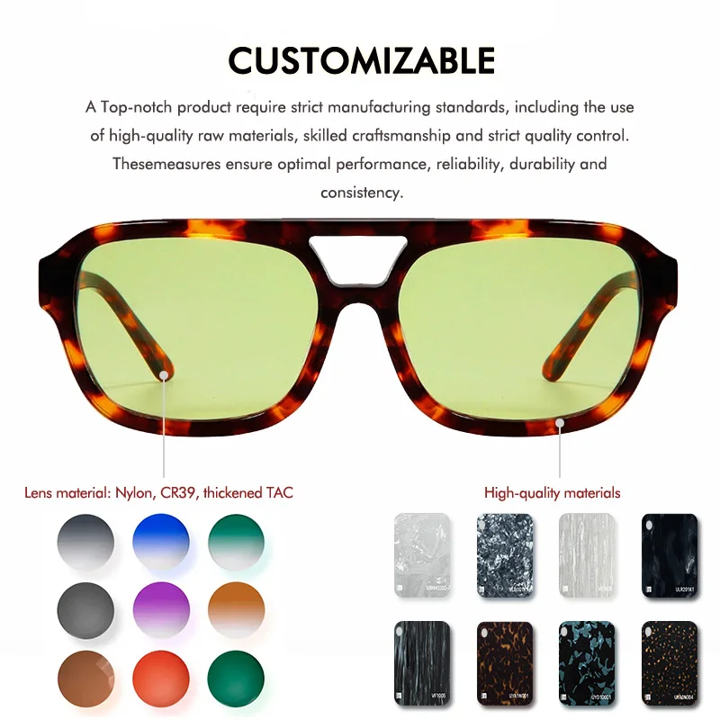 2025 CR39 Double Bridge Square Lenses Green/Yellow/Pink Acetate Polarized Sunglasses Gray Tortoiseshell Frames for Men Women
