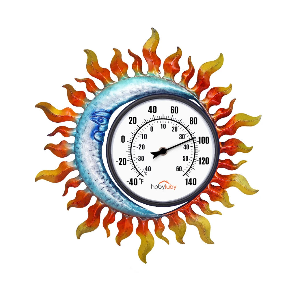 13'' Sun & Moon Wall Thermometer, Temperature Gauges for Garden, Greenhouse Home Decor, No Battery Require