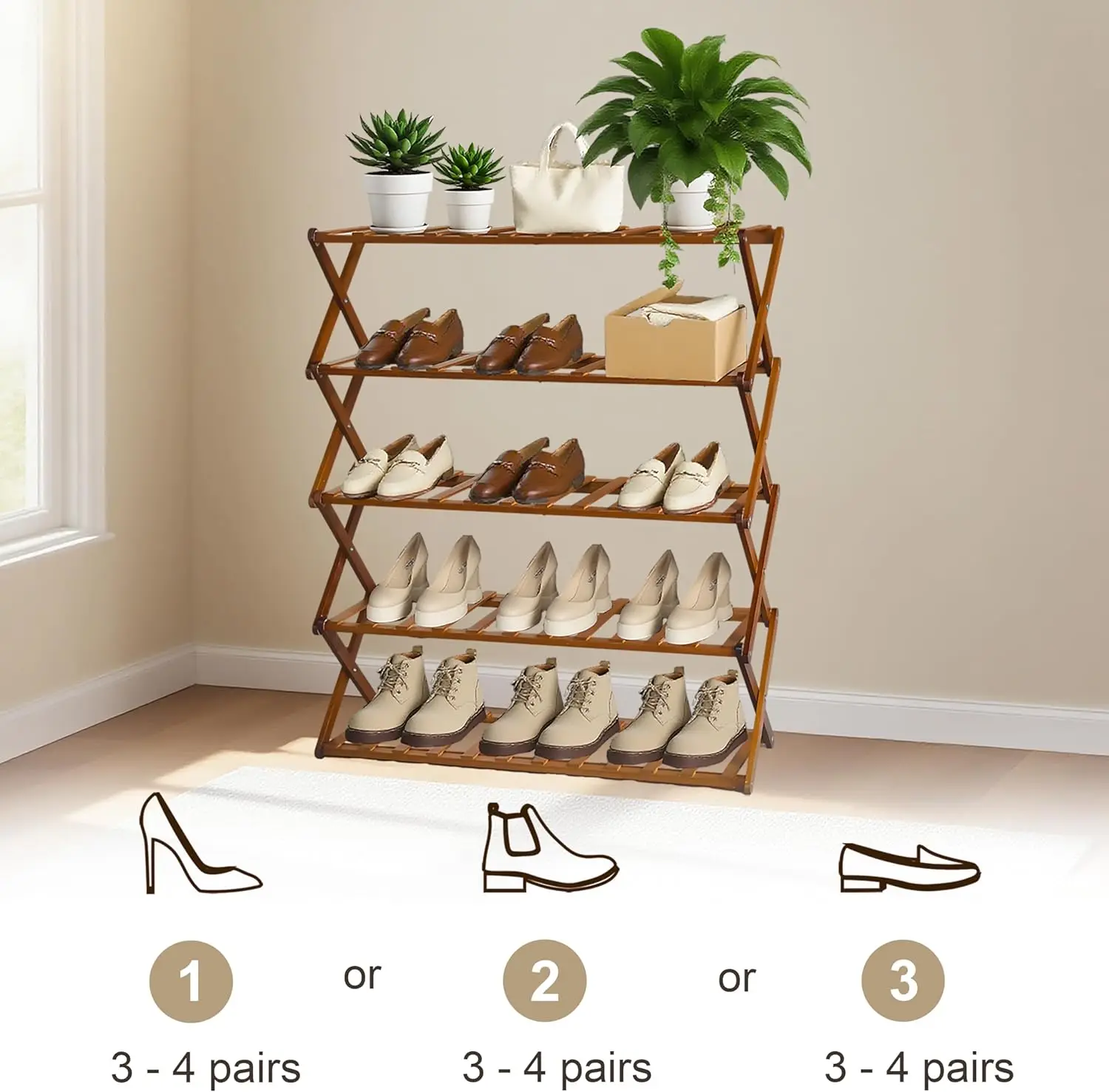 Bamboo Foldable Shoe Rack 5-Tier Shoe Storage Organizer  Folding Shoe Shelf for Entryway Bathroom & Living Room