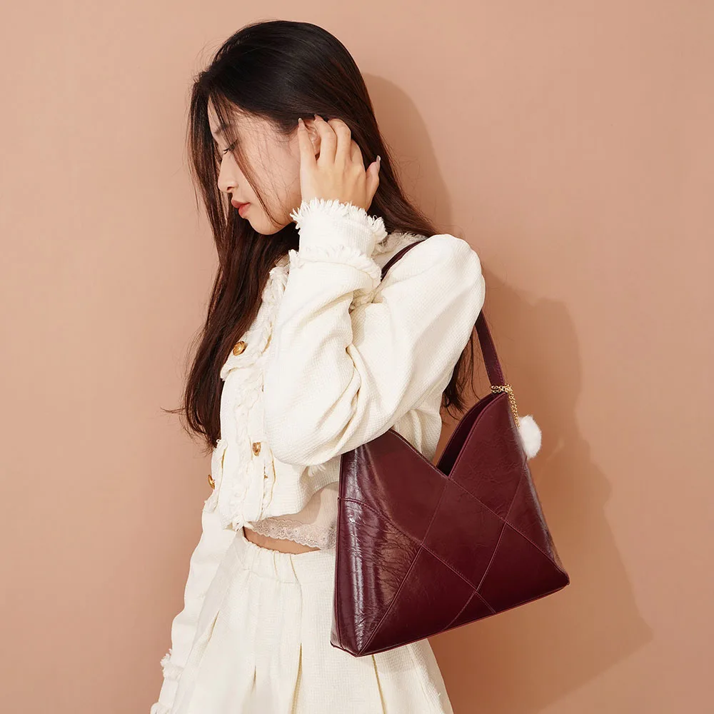 New Vintage INS Style Ladies Genuine Cow Leather Tote Bag Handbags with String Closure for Women and Girls