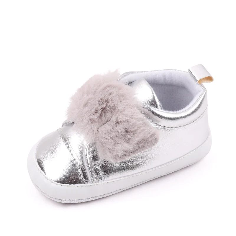 Bright PU Leather Plush Hook and Loop Solid Color Baby Girls Cute Soft Soled Toddler Shoes factory